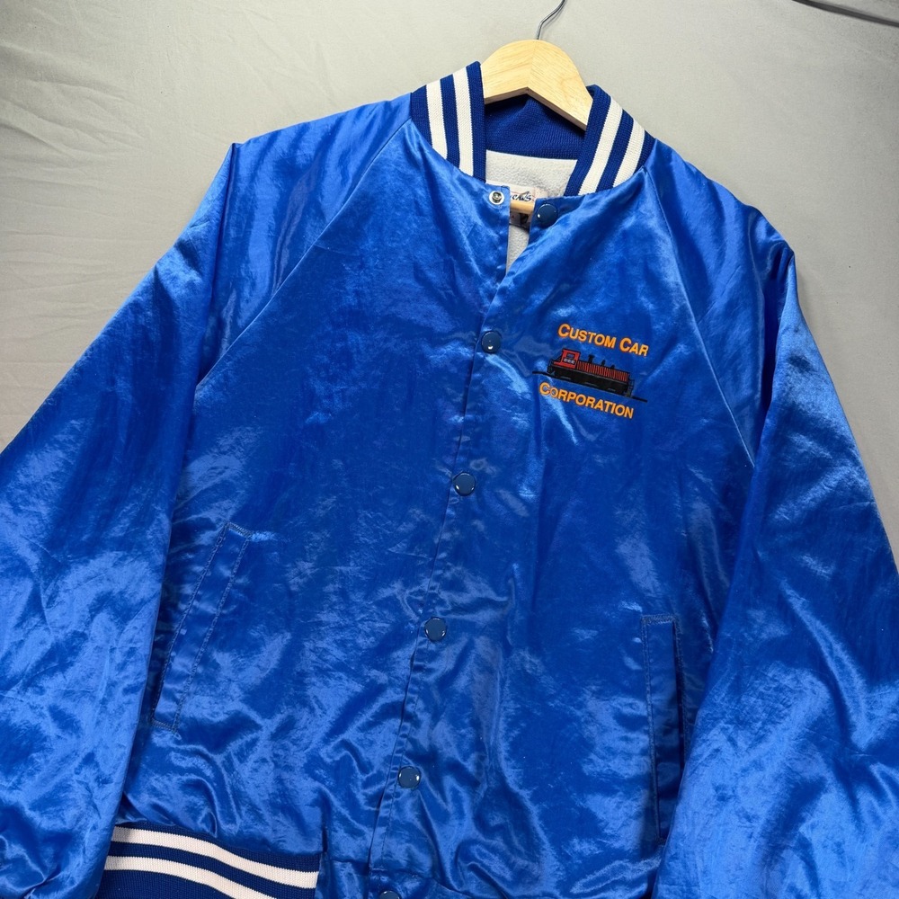 Vintage Railroad Satin Jacket Mens Large Four Seasons Blue Rail Car Snap 90s - Picture 4 of 10